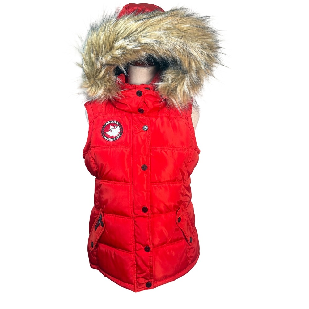 Canada Weather‎ Gear Puffer Vest Womens Small Red Faux Fur Hood Fleece Lined